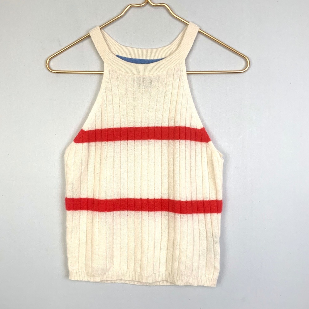 NO NAME Sz Small 100% Cashmere Cream Red Stripe Halter Neck Tank Top *